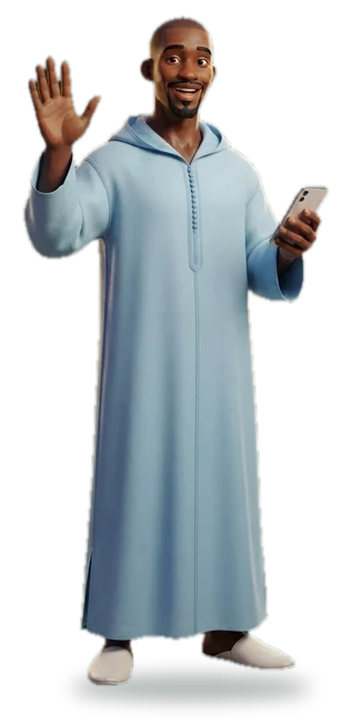 Bass en djellaba salue, son téléphone à la main