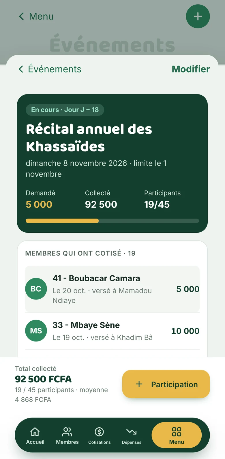 Écran Événements de Kalbaas