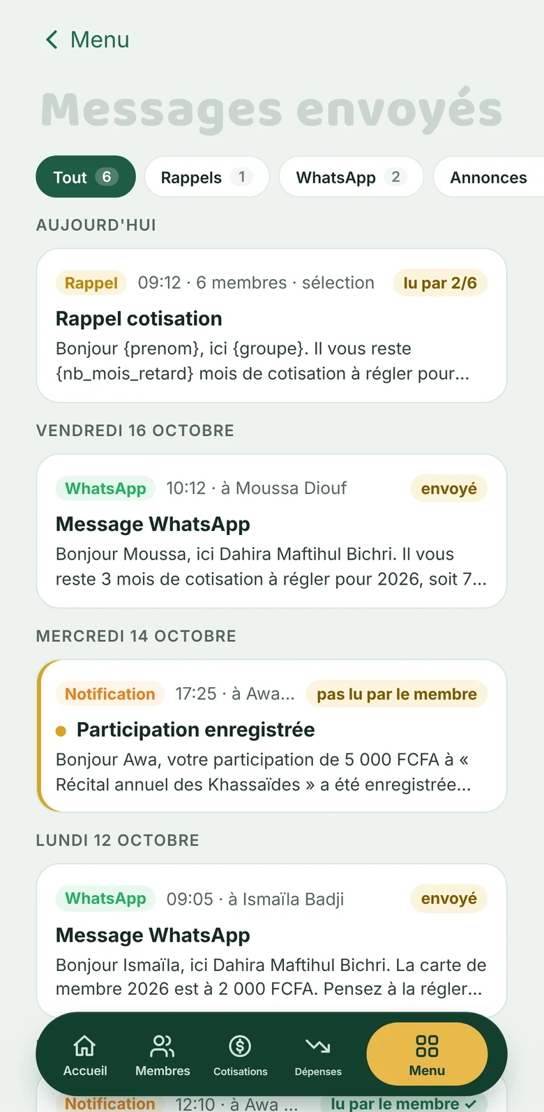Écran Notifications de Kalbaas